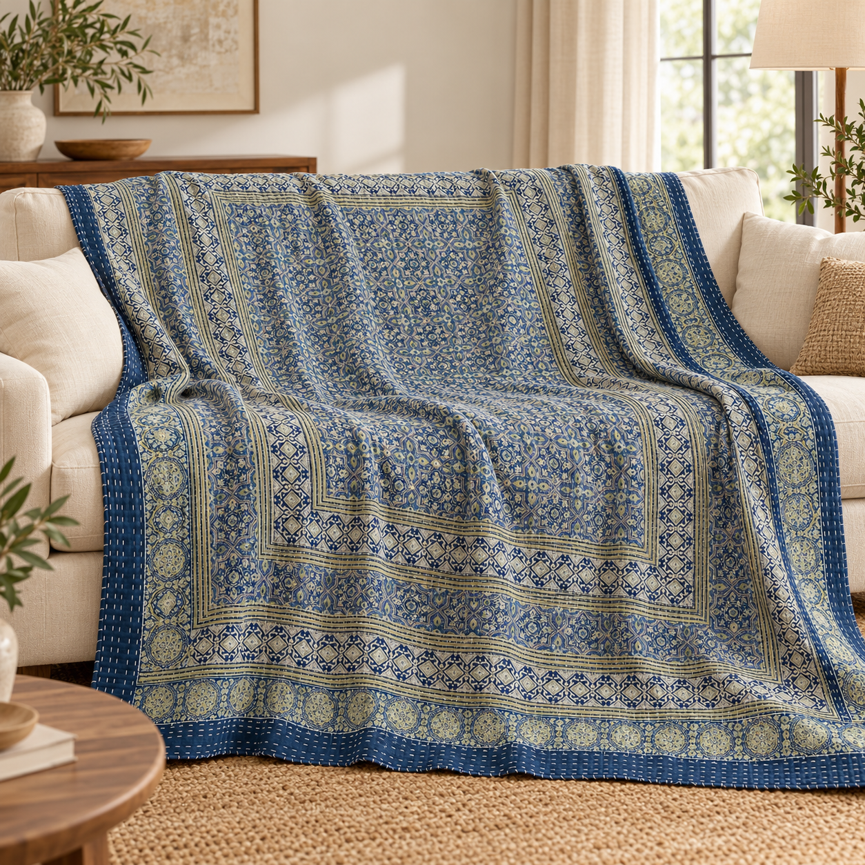 Indigo and Beige Floral Geometric Ajrak Hand Block Kantha Quilt – Single or Double - Image 4