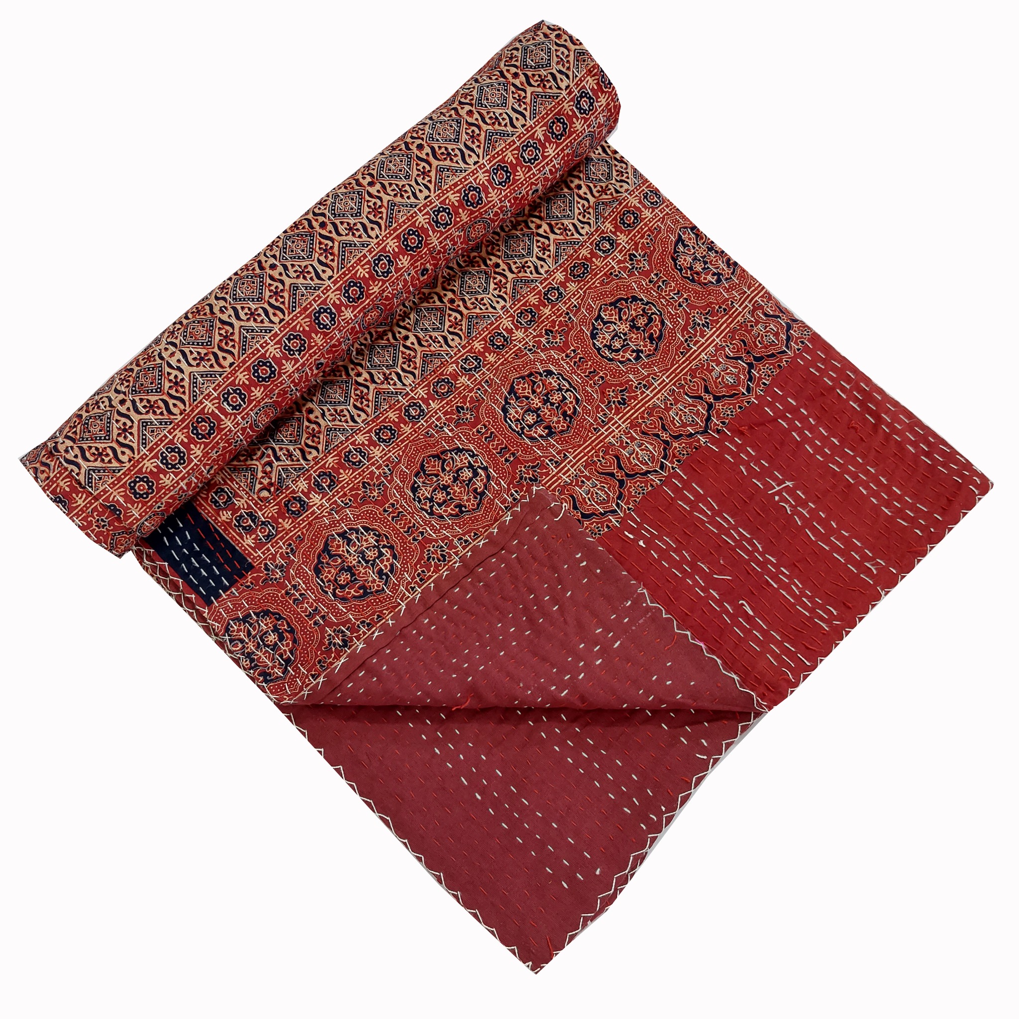 Dusty Red and Sage Geometric Ajrak Hand Block Kantha Quilt – Single or Double - Image 3