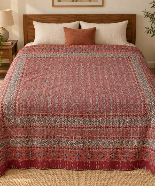 Dusty Red and Sage Geometric Ajrak Hand Block Kantha Quilt – Single or Double