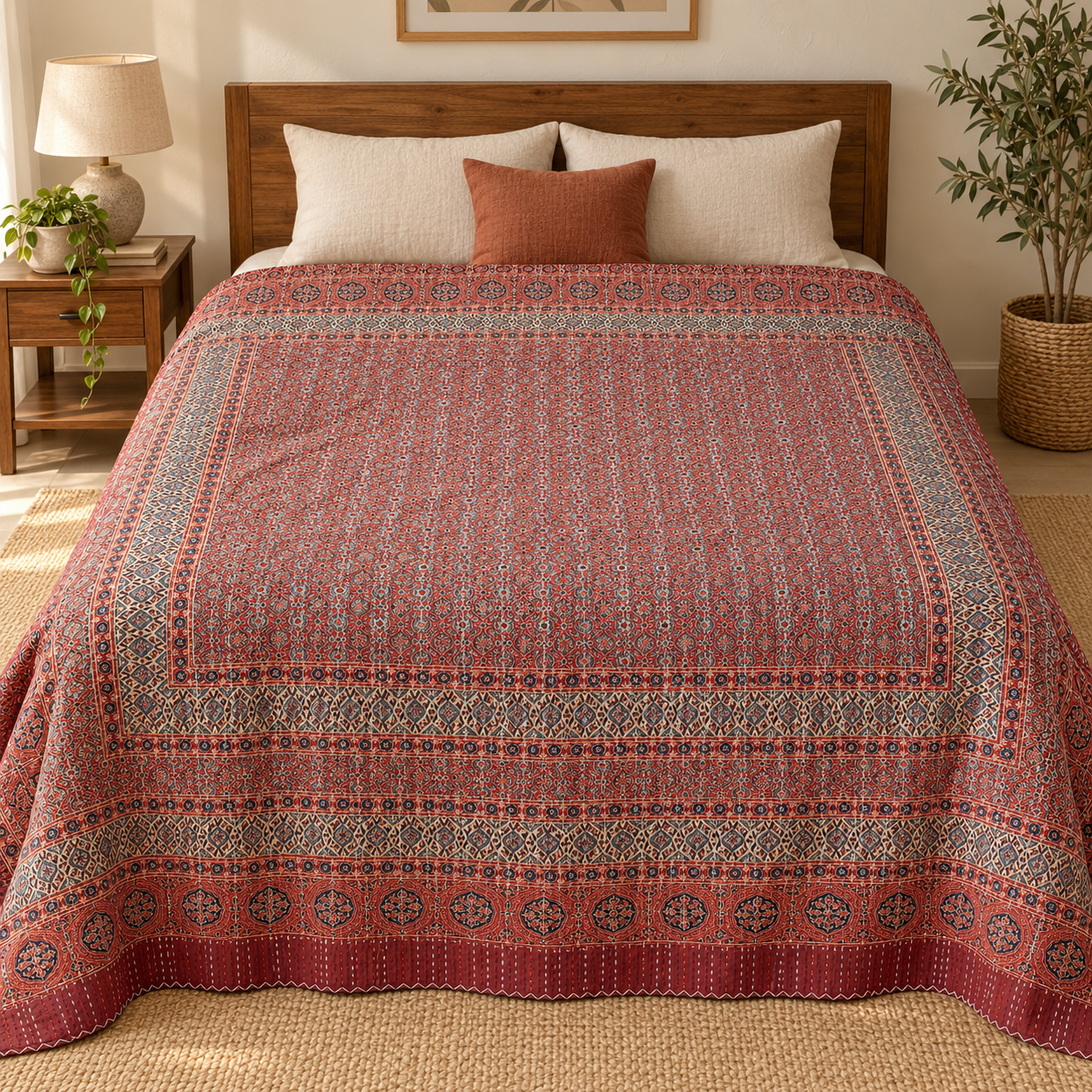 Dusty Red and Sage Geometric Ajrak Hand Block Kantha Quilt – Single or Double