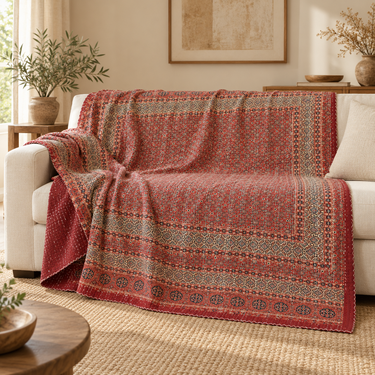 Dusty Red and Sage Geometric Ajrak Hand Block Kantha Quilt – Single or Double - Image 4