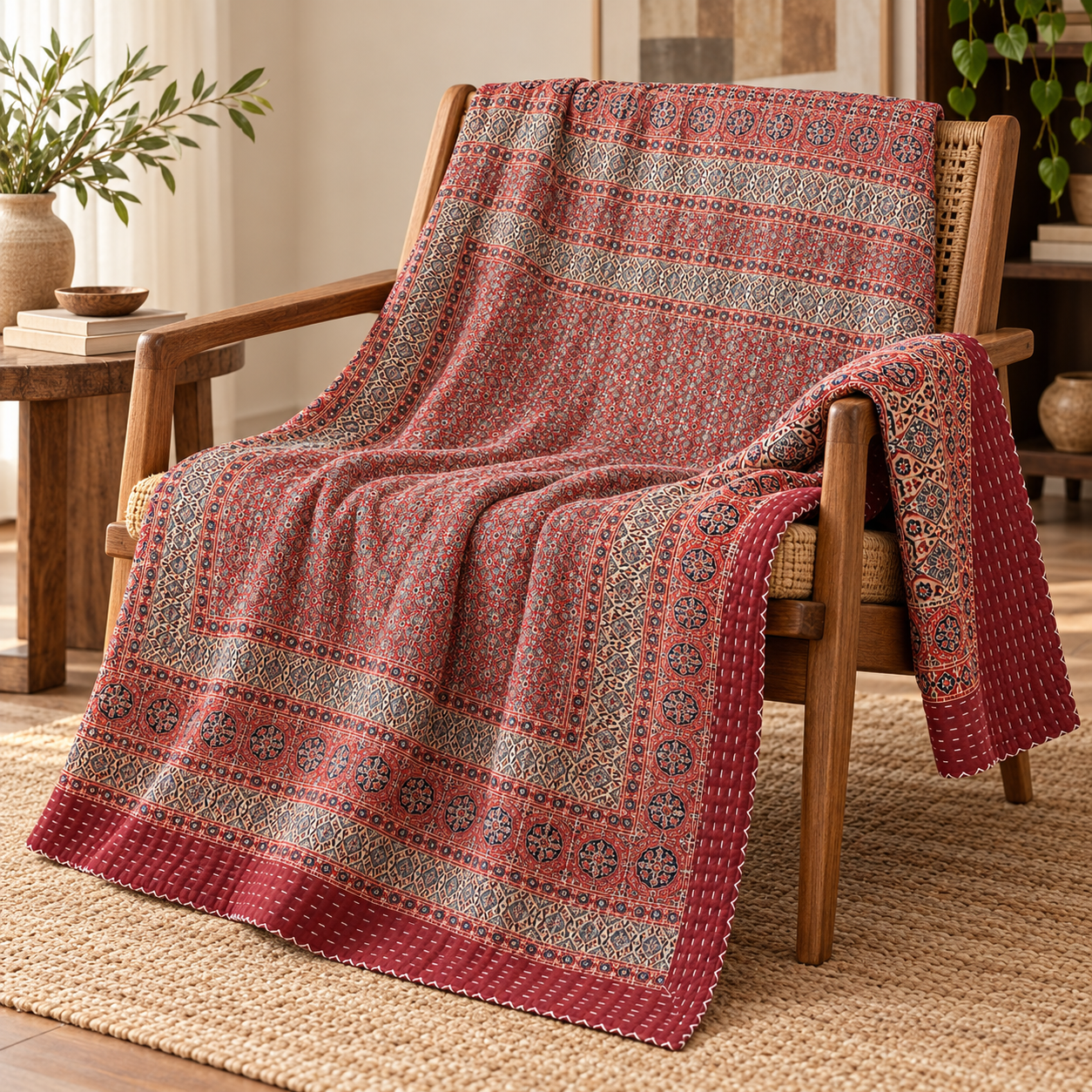 Dusty Red and Sage Geometric Ajrak Hand Block Kantha Quilt – Single or Double - Image 5