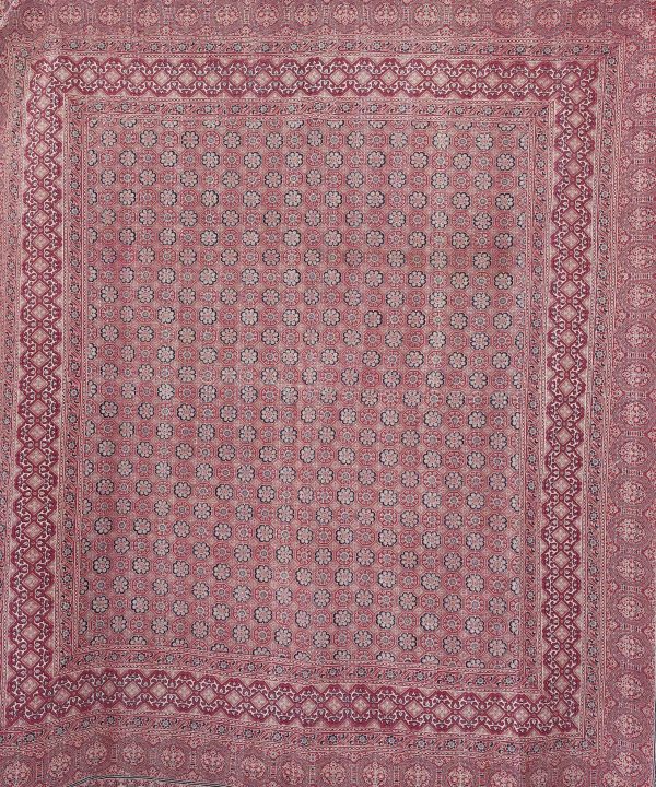 Alternative view of Rose Pink and Ivory Medallion Ajrak Hand Block Kantha Quilt – Single or Double