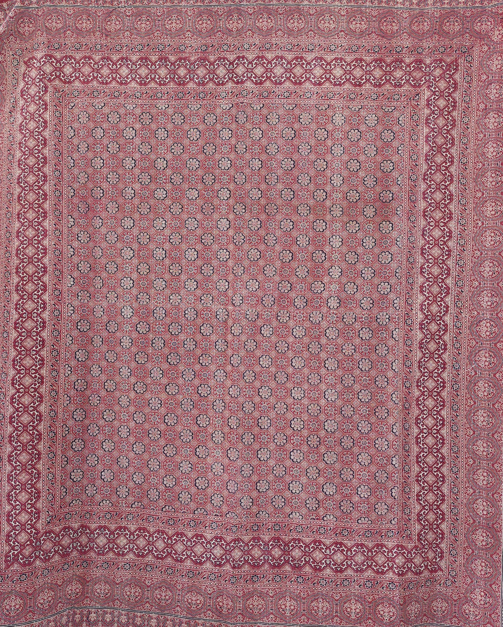 Rose Pink and Ivory Medallion Ajrak Hand Block Kantha Quilt – Single or Double - Image 2