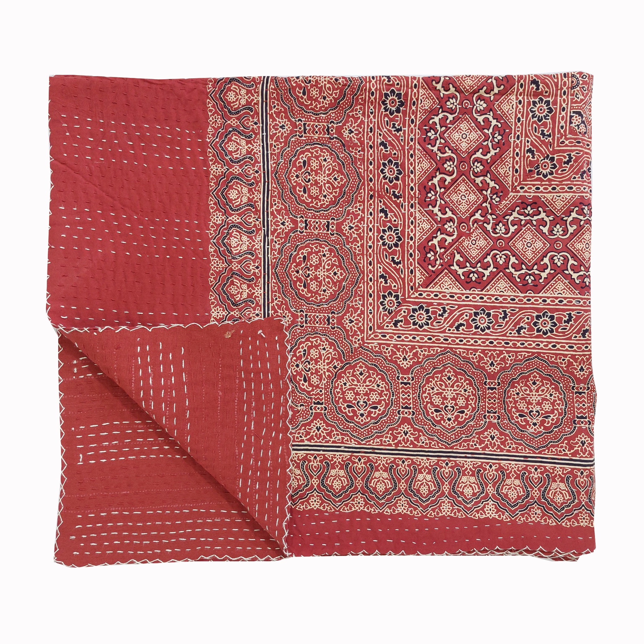 Rose Pink and Ivory Medallion Ajrak Hand Block Kantha Quilt – Single or Double - Image 3