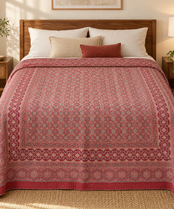 Rose Pink and Ivory Medallion Ajrak Hand Block Kantha Quilt – Single or Double