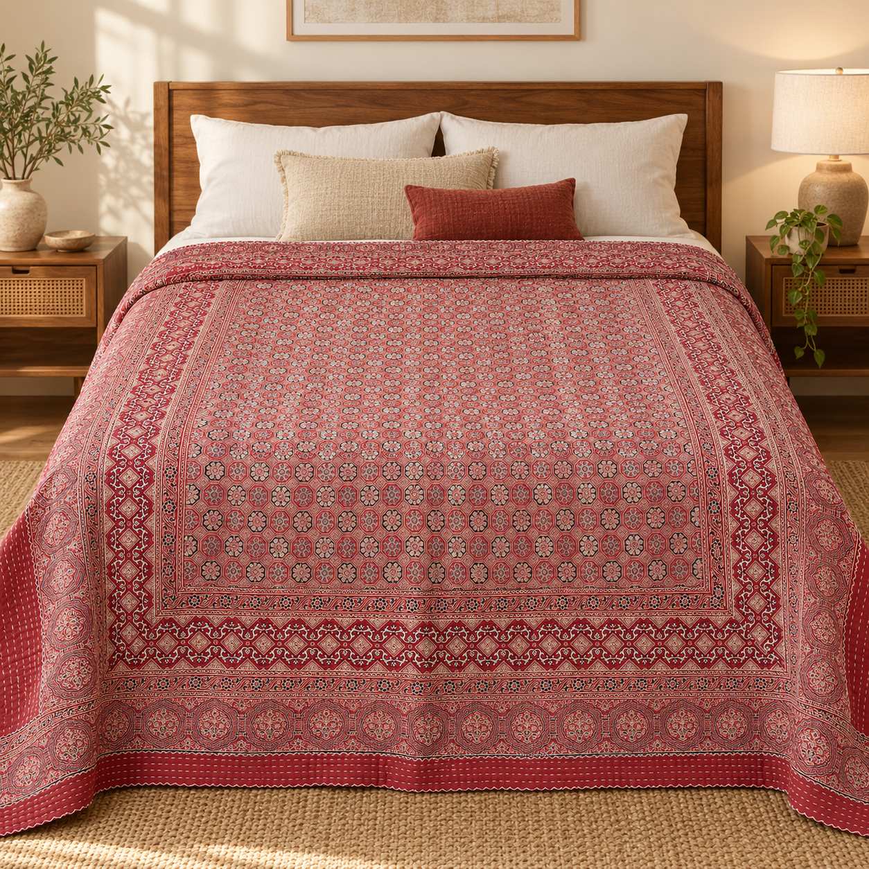 Rose Pink and Ivory Medallion Ajrak Hand Block Kantha Quilt – Single or Double