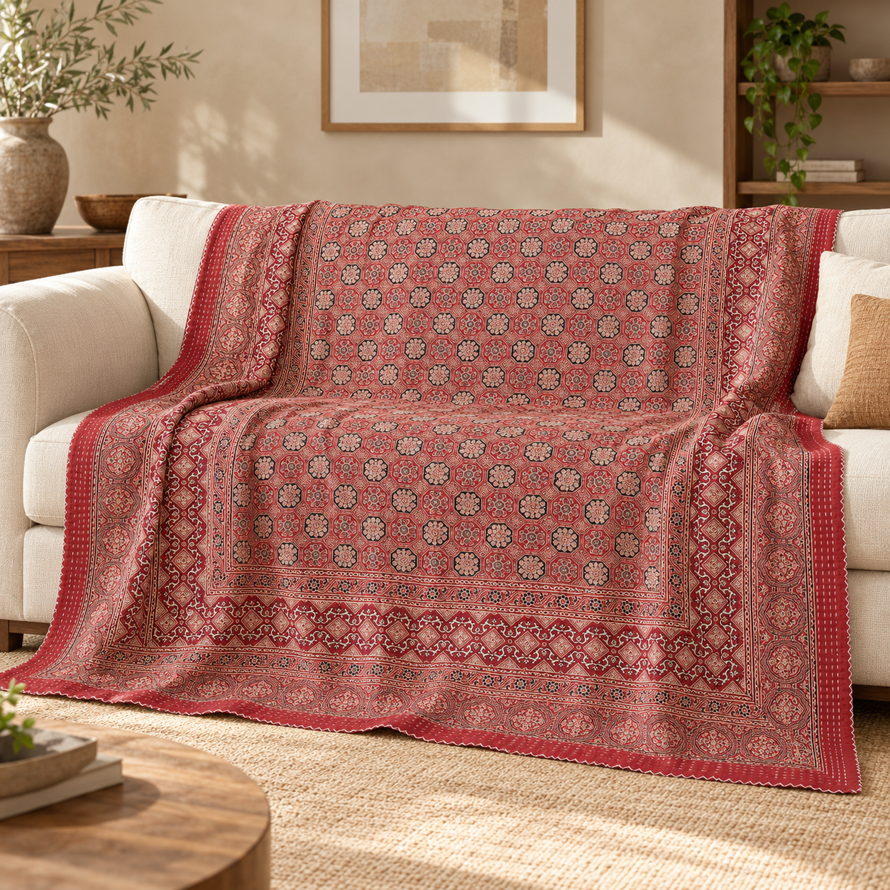 Rose Pink and Ivory Medallion Ajrak Hand Block Kantha Quilt – Single or Double - Image 4