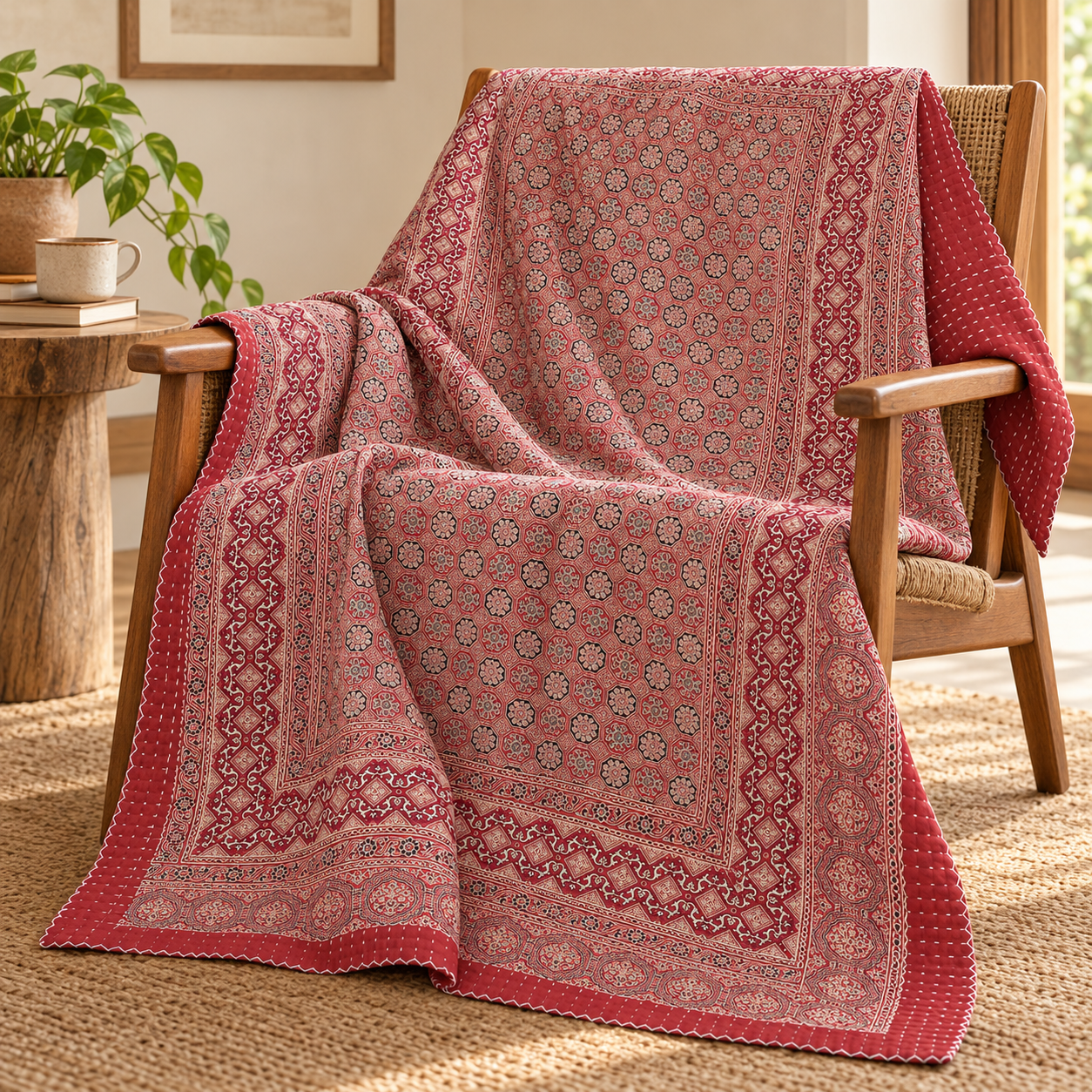 Rose Pink and Ivory Medallion Ajrak Hand Block Kantha Quilt – Single or Double - Image 5