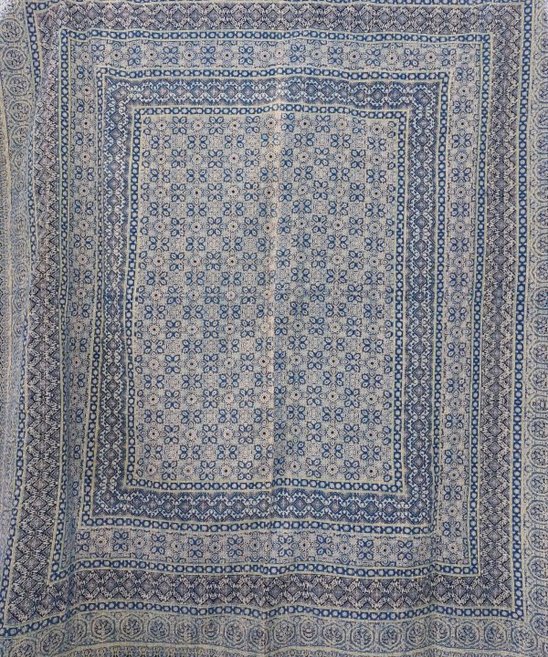 Alternative view of Indigo and Beige Floral Ajrak Hand Block Kantha Quilt – Single or Double