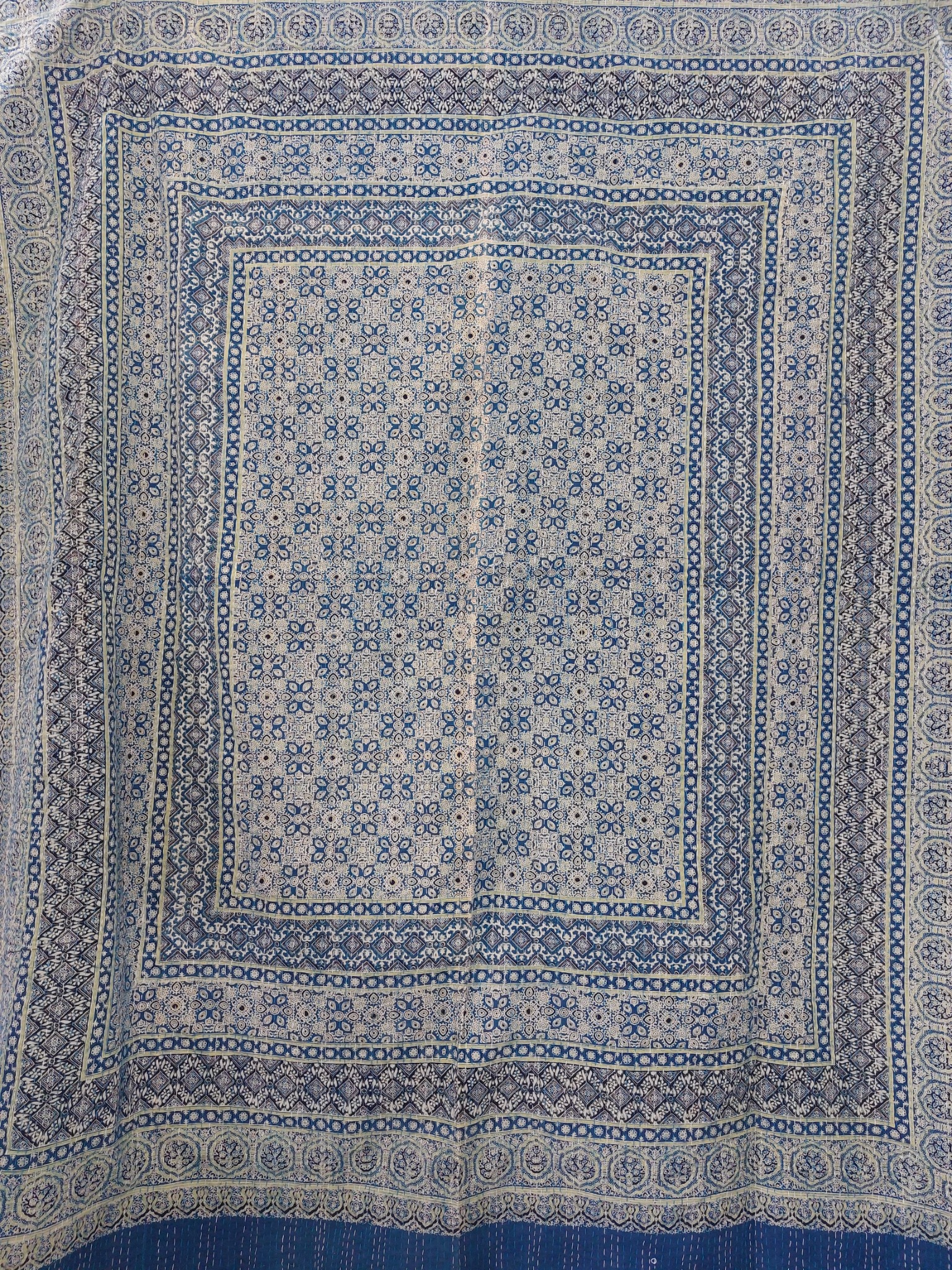 Indigo and Beige Floral Ajrak Hand Block Kantha Quilt – Single or Double - Image 2