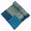Indigo and Beige Floral Ajrak Hand Block Kantha Quilt – Single or Double - Image 3