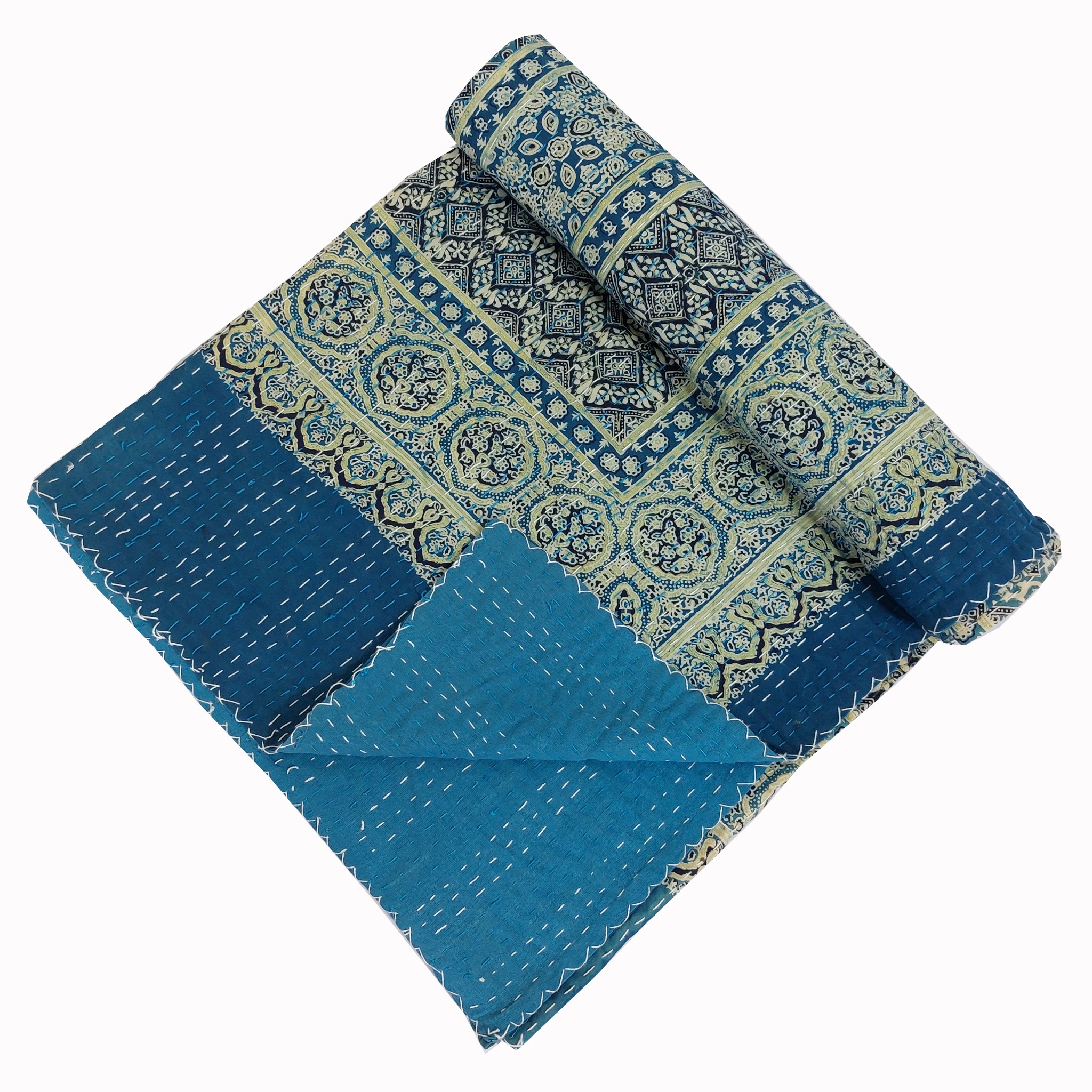 Indigo and Beige Floral Ajrak Hand Block Kantha Quilt – Single or Double - Image 3