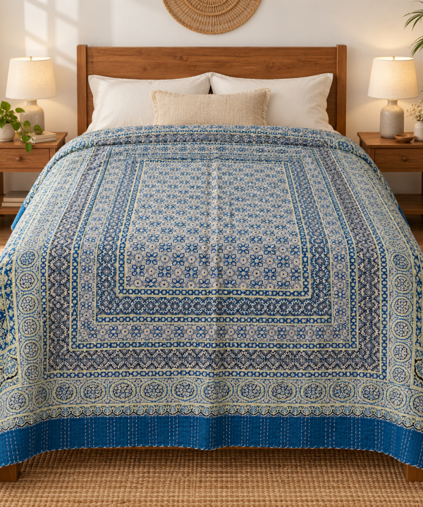 Indigo and Beige Floral Ajrak Hand Block Kantha Quilt – Single or Double