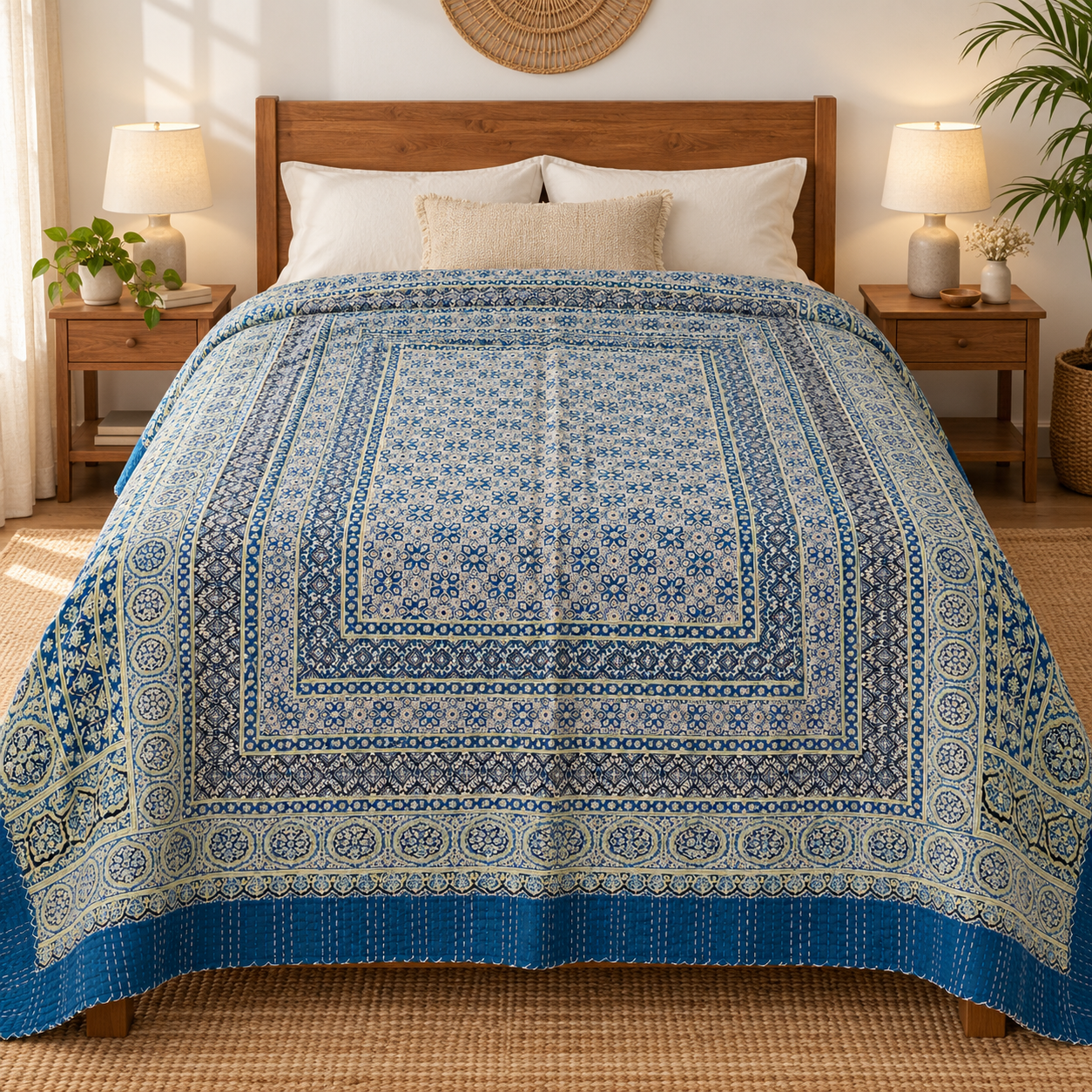 Indigo and Beige Floral Ajrak Hand Block Kantha Quilt – Single or Double