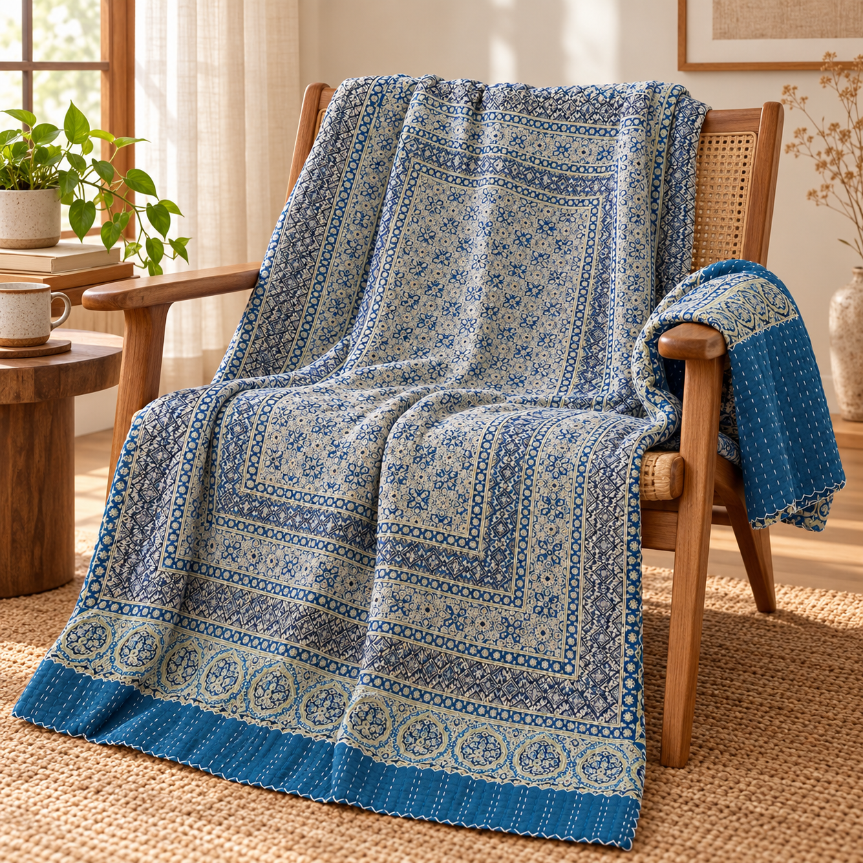 Indigo and Beige Floral Ajrak Hand Block Kantha Quilt – Single or Double - Image 5