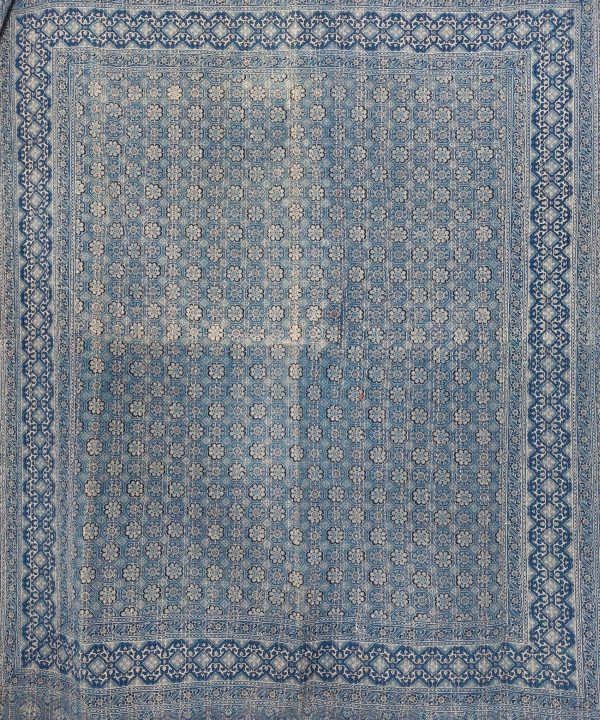 Alternative view of Slate Blue and Indigo Medallion Ajrak Hand Block Kantha Quilt – Single or Double