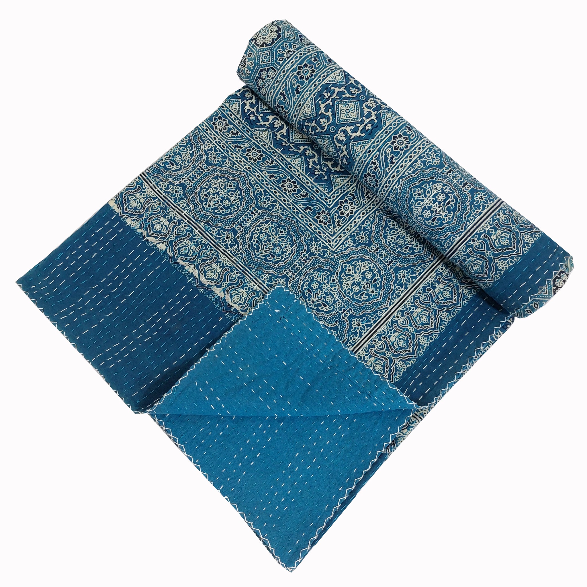 Slate Blue and Indigo Medallion Ajrak Hand Block Kantha Quilt – Single or Double - Image 3