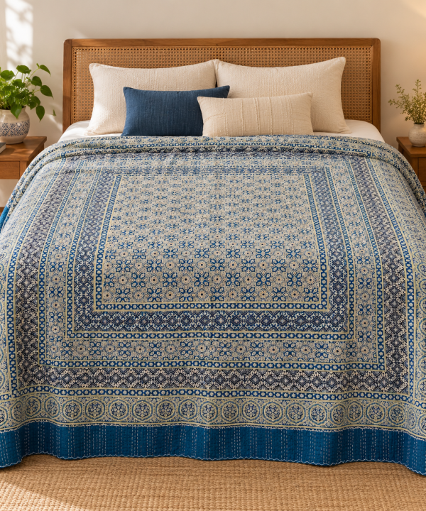 Slate Blue and Indigo Medallion Ajrak Hand Block Kantha Quilt – Single or Double