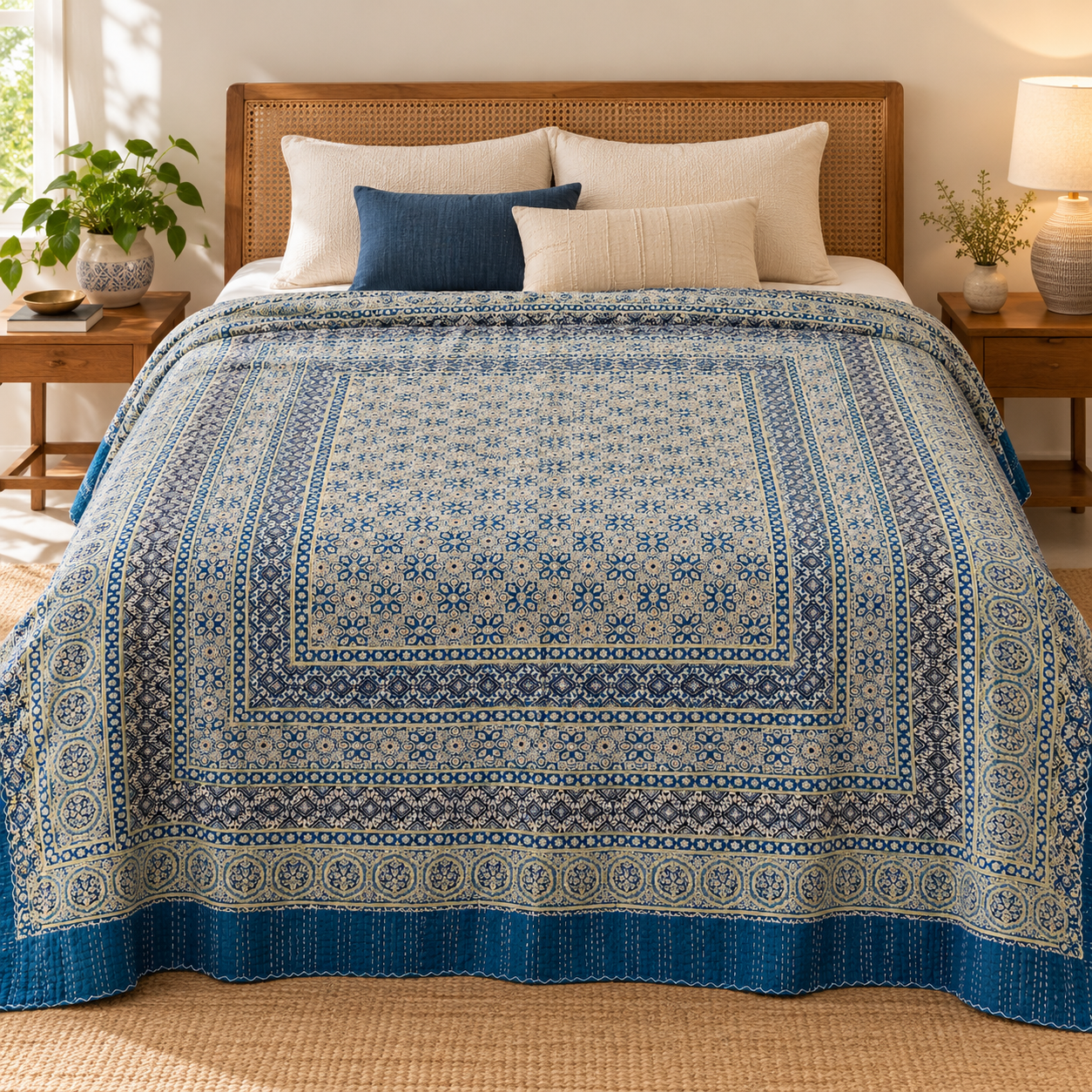Slate Blue and Indigo Medallion Ajrak Hand Block Kantha Quilt – Single or Double