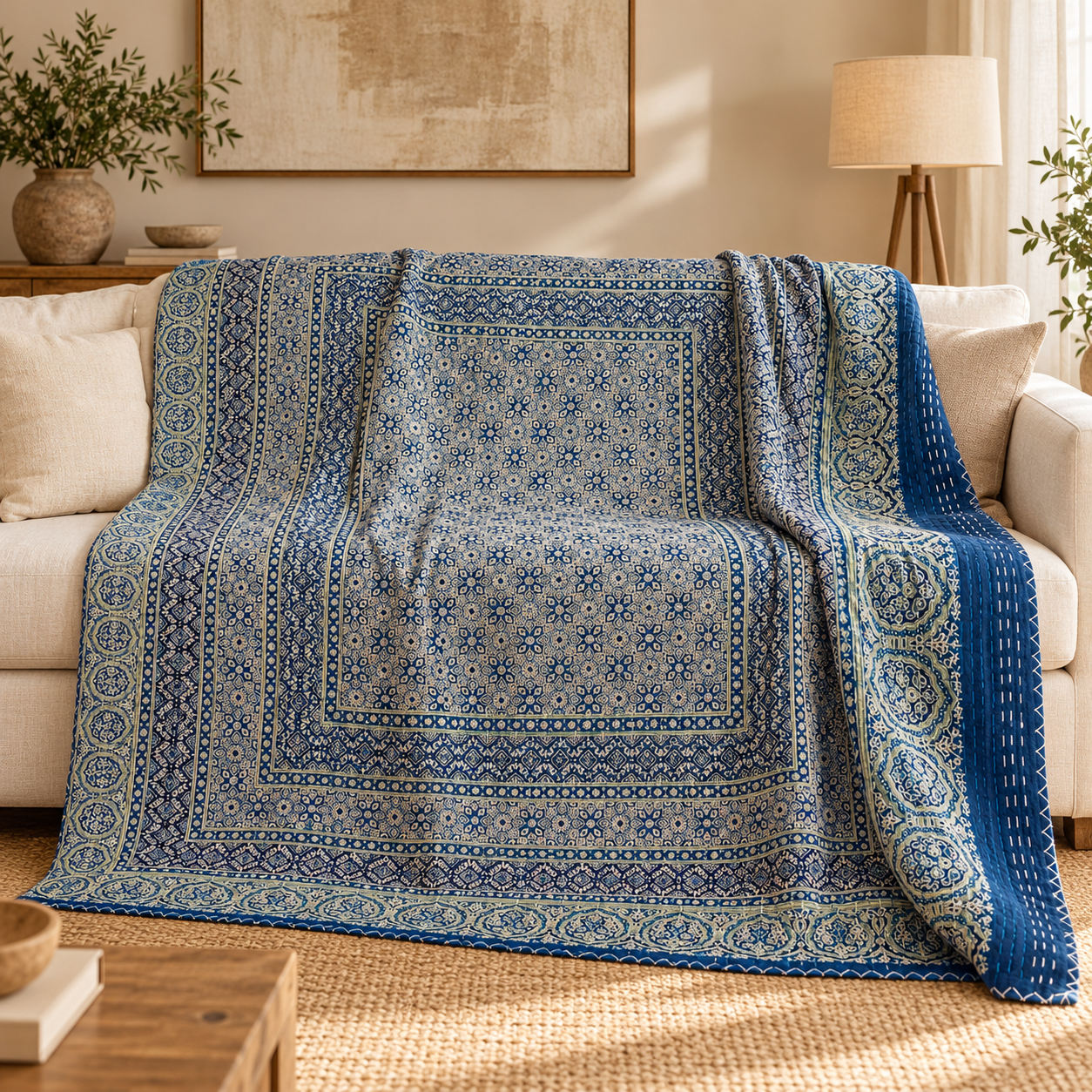 Slate Blue and Indigo Medallion Ajrak Hand Block Kantha Quilt – Single or Double - Image 4