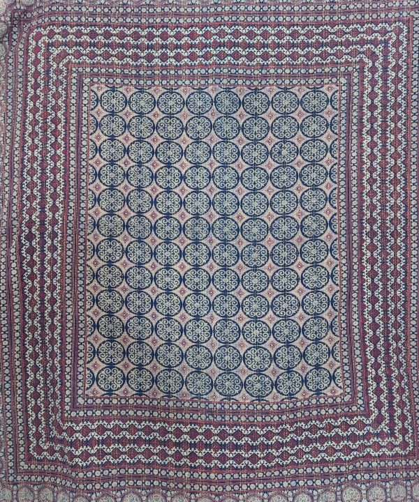 Alternative view of Burgundy and Indigo Circular Medallion Ajrak Hand Block Kantha Quilt – Single or Double