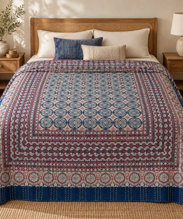 Burgundy and Indigo Circular Medallion Ajrak Hand Block Kantha Quilt – Single or Double