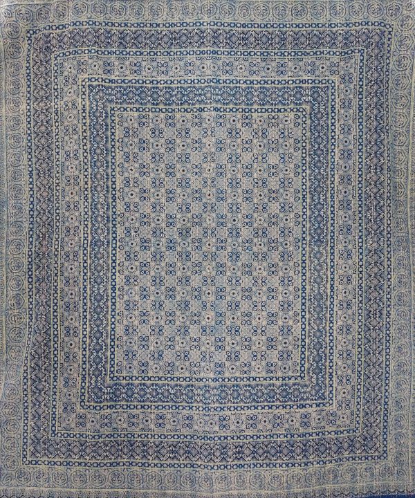 Alternative view of Indigo and Ivory Floral Geometric Ajrak Hand Block Kantha Quilt – Single or Double