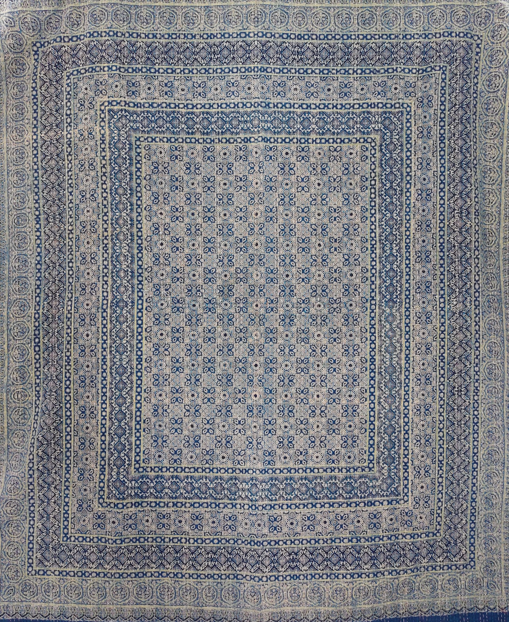 Indigo and Ivory Floral Geometric Ajrak Hand Block Kantha Quilt – Single or Double - Image 2