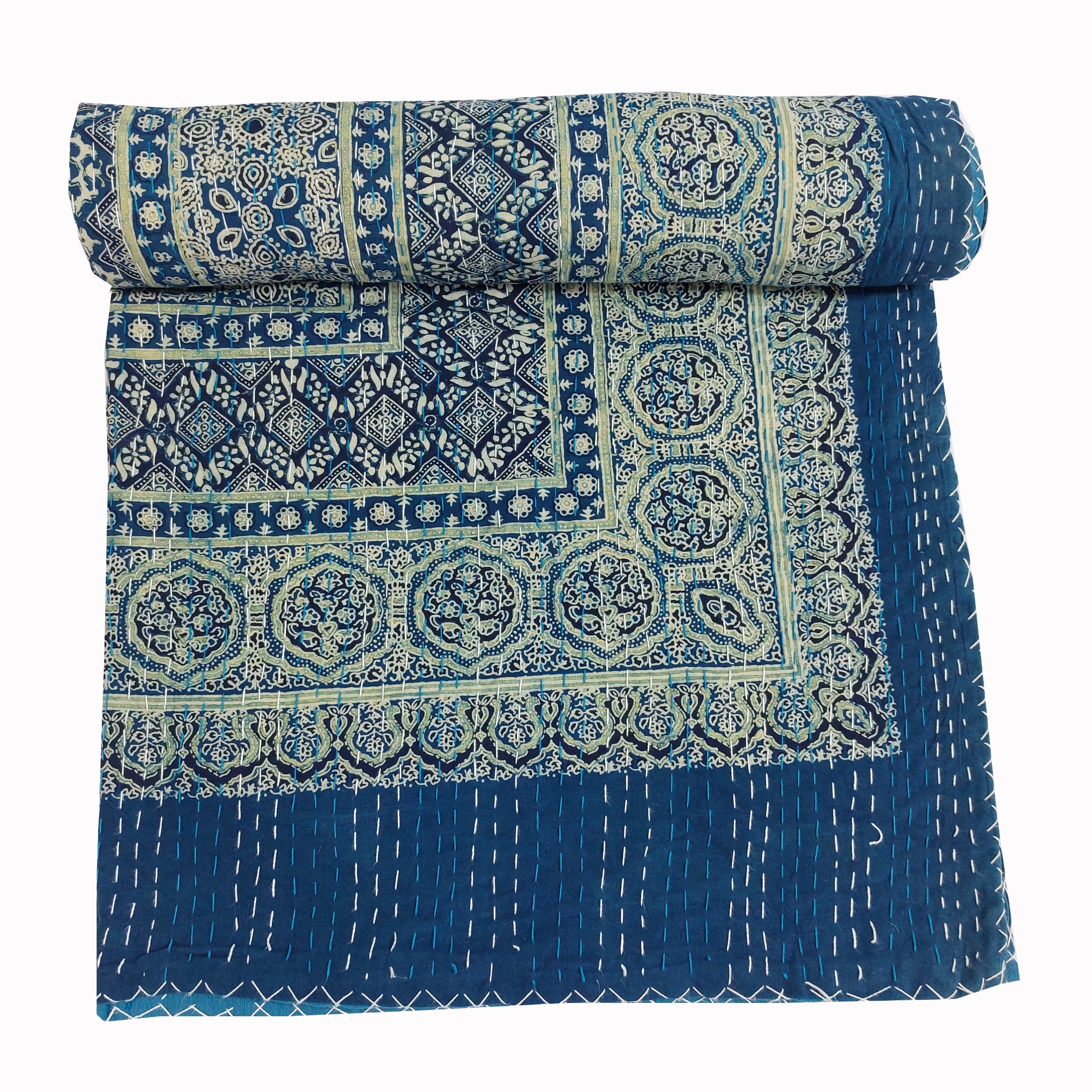 Indigo and Ivory Floral Geometric Ajrak Hand Block Kantha Quilt – Single or Double - Image 3