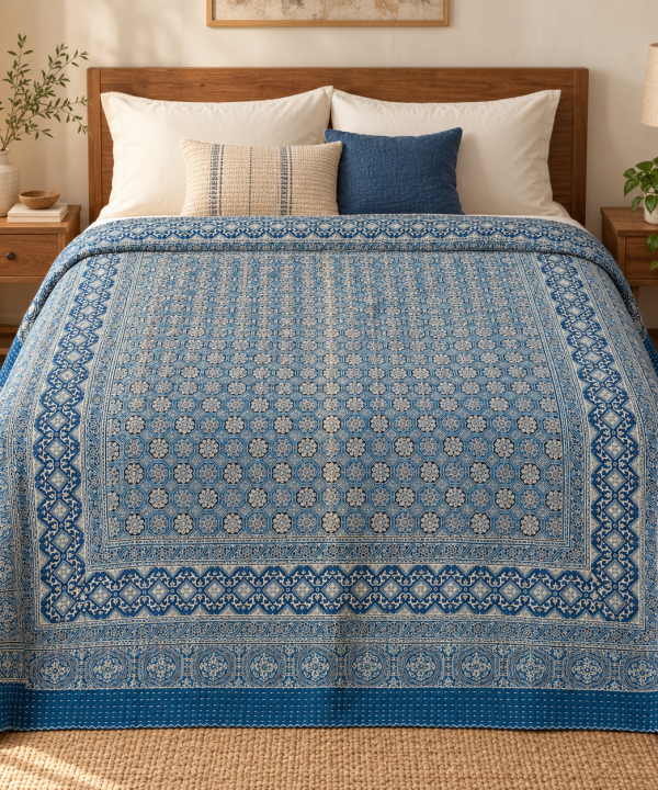 Indigo and Ivory Floral Geometric Ajrak Hand Block Kantha Quilt – Single or Double