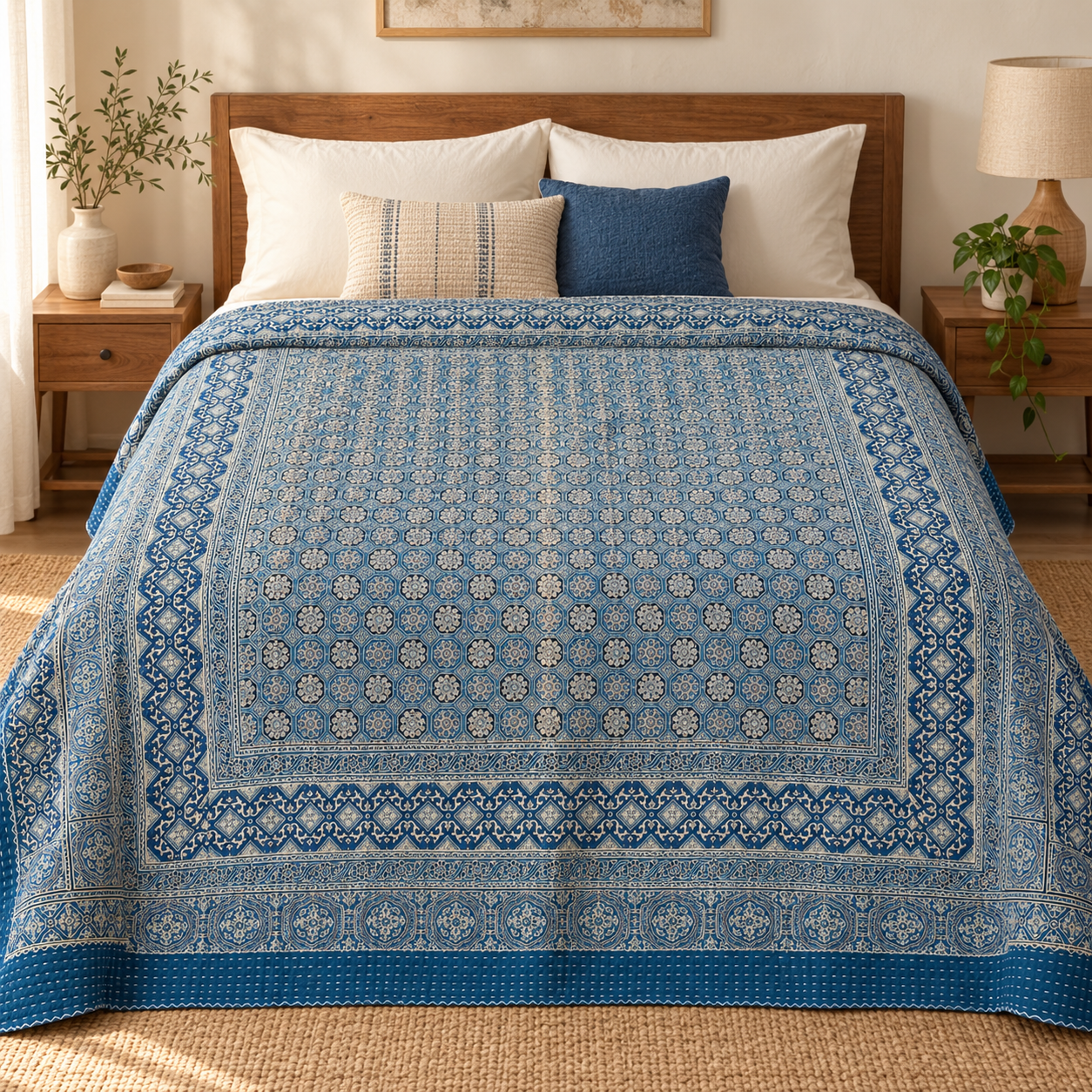Indigo and Ivory Floral Geometric Ajrak Hand Block Kantha Quilt – Single or Double