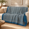 Indigo and Ivory Floral Geometric Ajrak Hand Block Kantha Quilt – Single or Double - Image 4