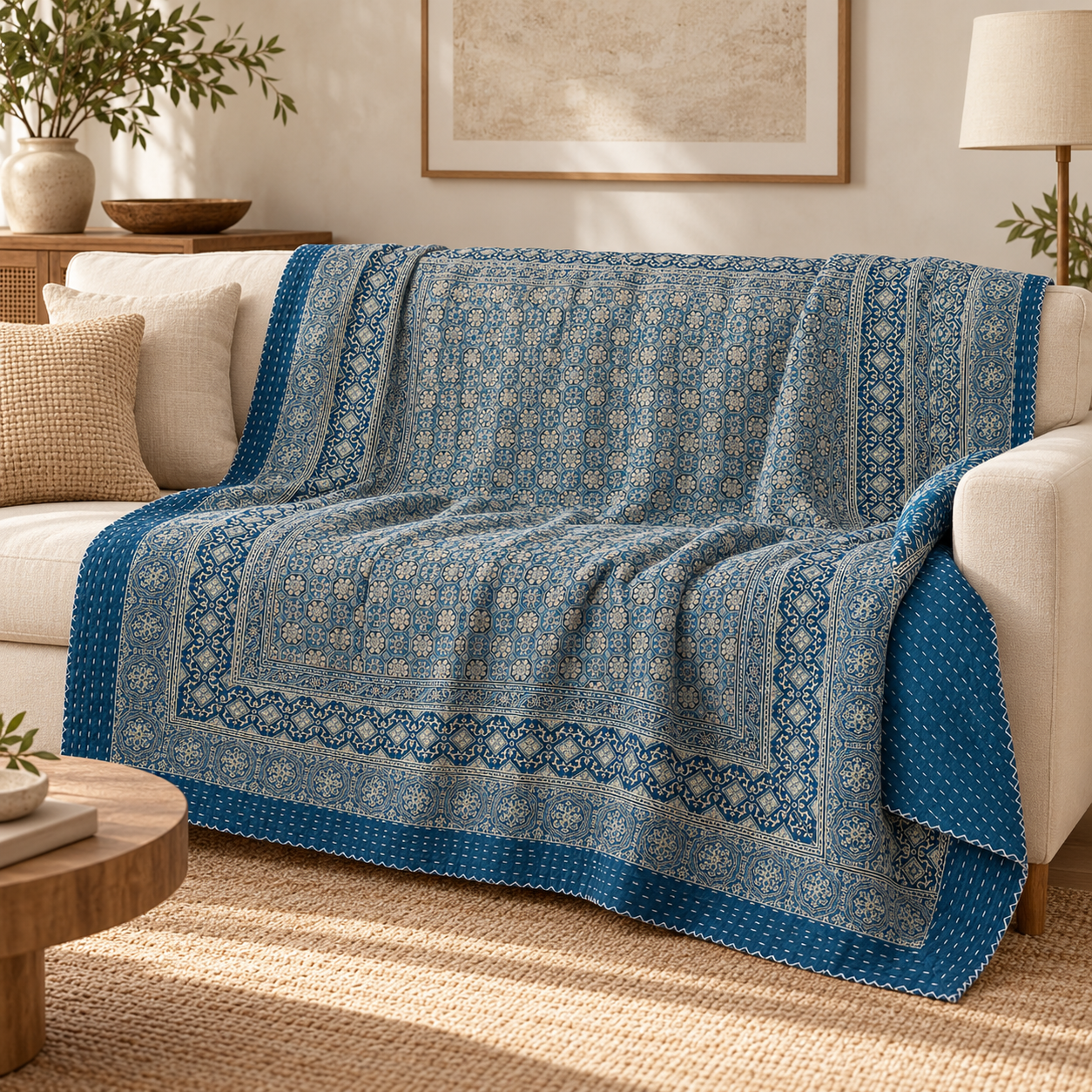 Indigo and Ivory Floral Geometric Ajrak Hand Block Kantha Quilt – Single or Double - Image 4
