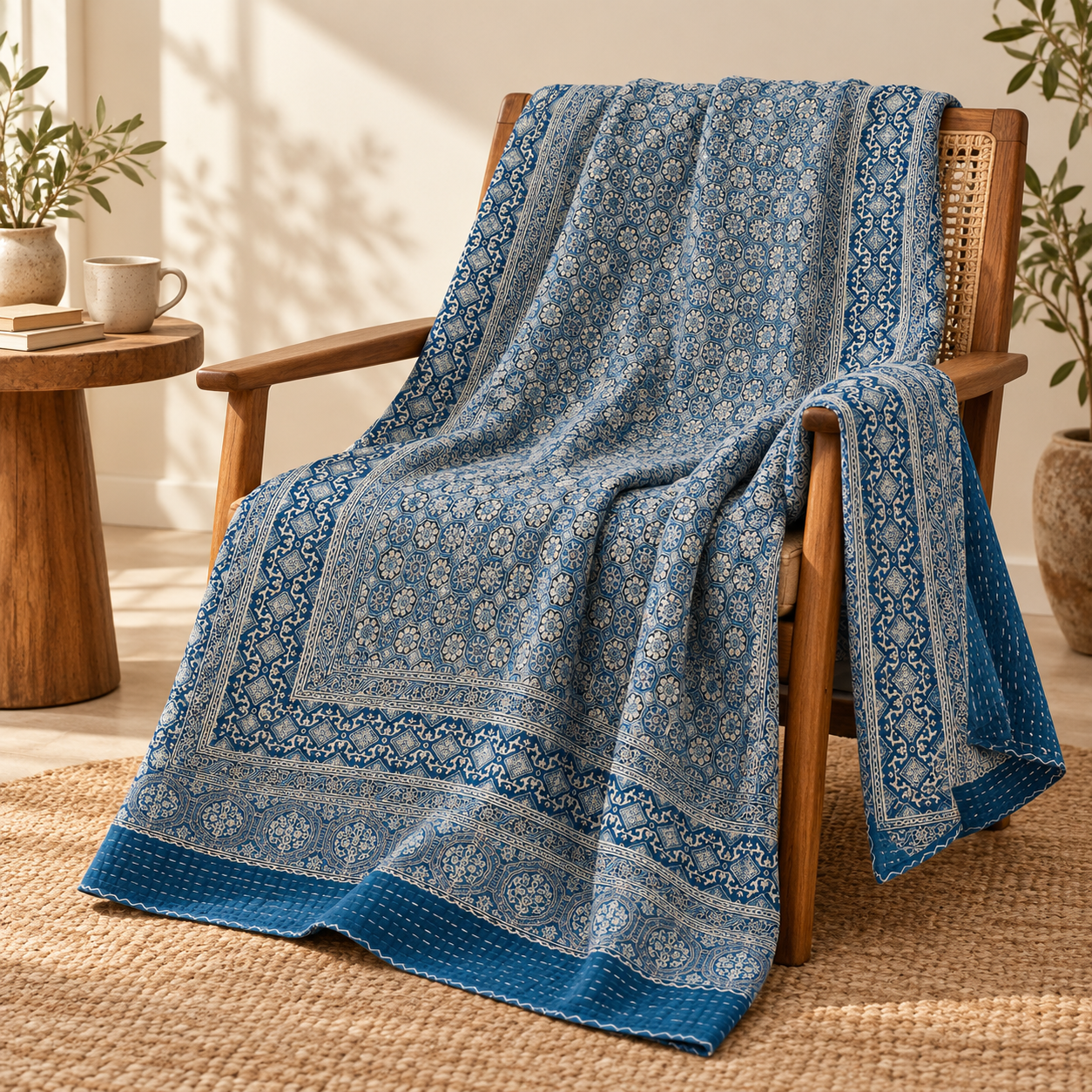 Indigo and Ivory Floral Geometric Ajrak Hand Block Kantha Quilt – Single or Double - Image 5
