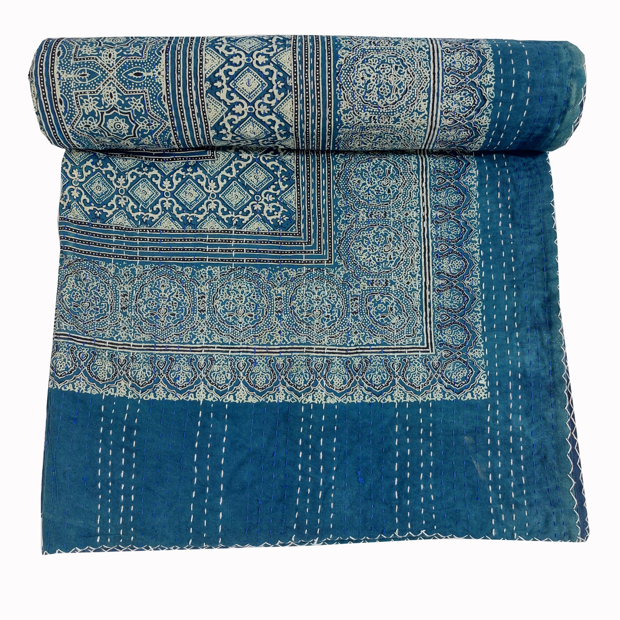 Deep Indigo Blue Geometric Ajrak Hand Block Kantha Quilt – Single or Double - Image 3