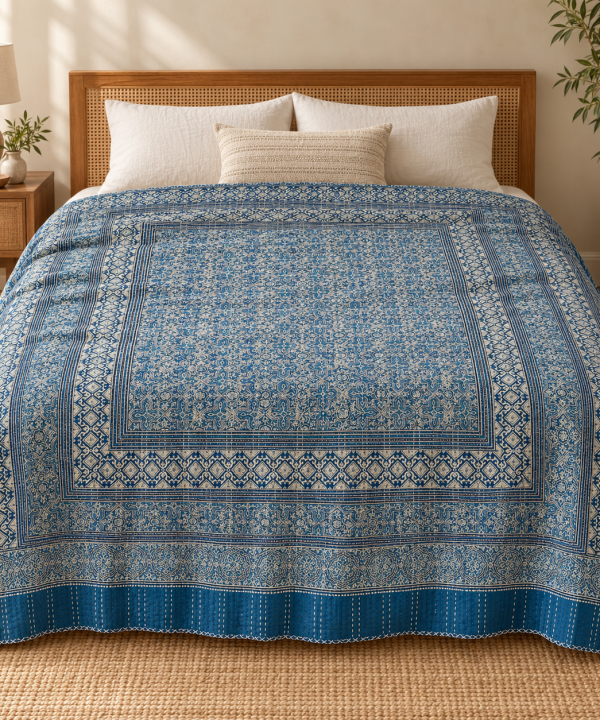Deep Indigo Blue Geometric Ajrak Hand Block Kantha Quilt – Single or Double