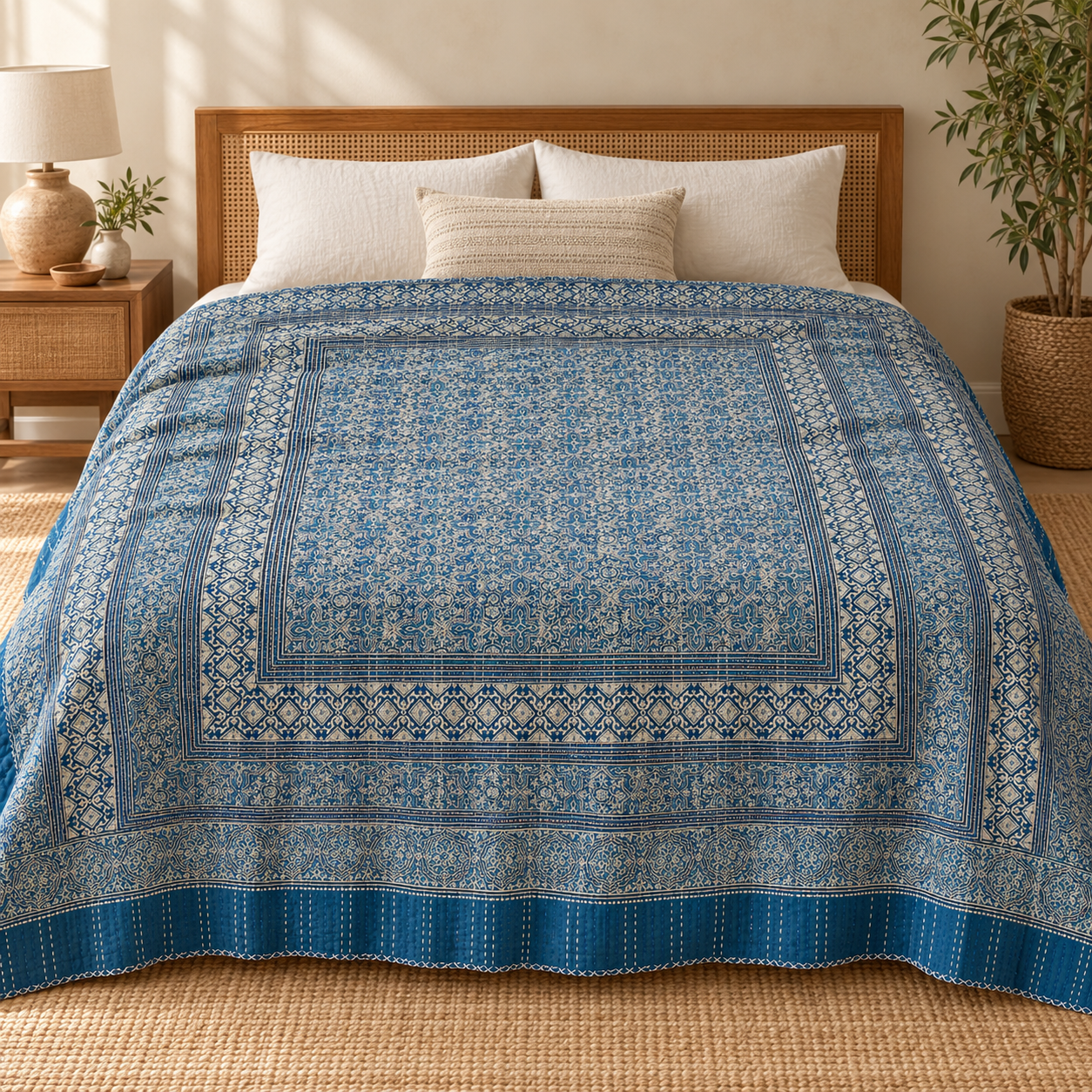 Deep Indigo Blue Geometric Ajrak Hand Block Kantha Quilt – Single or Double