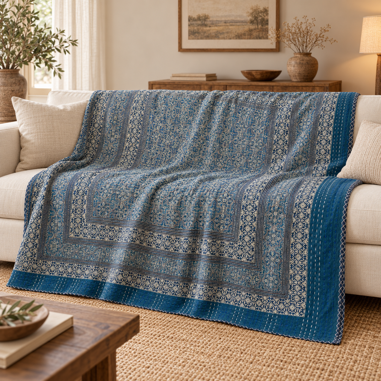 Deep Indigo Blue Geometric Ajrak Hand Block Kantha Quilt – Single or Double - Image 4