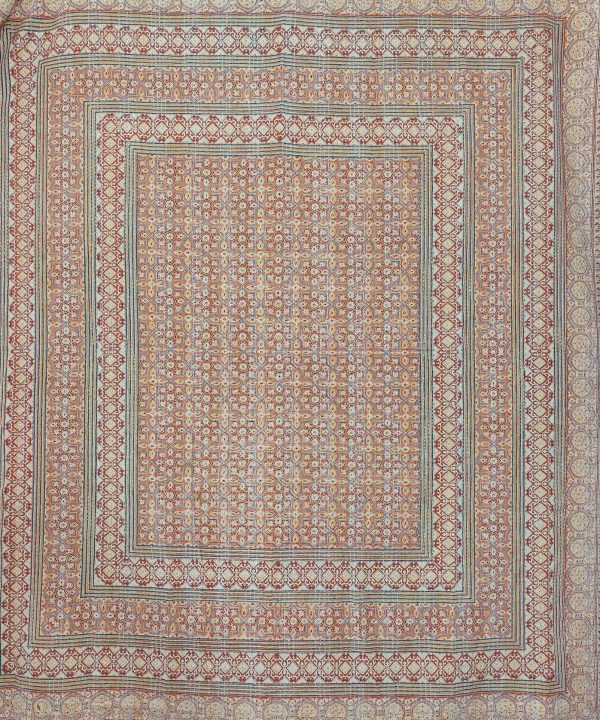 Alternative view of Peach Coral and Sage Geometric Ajrak Hand Block Kantha Quilt – Single or Double