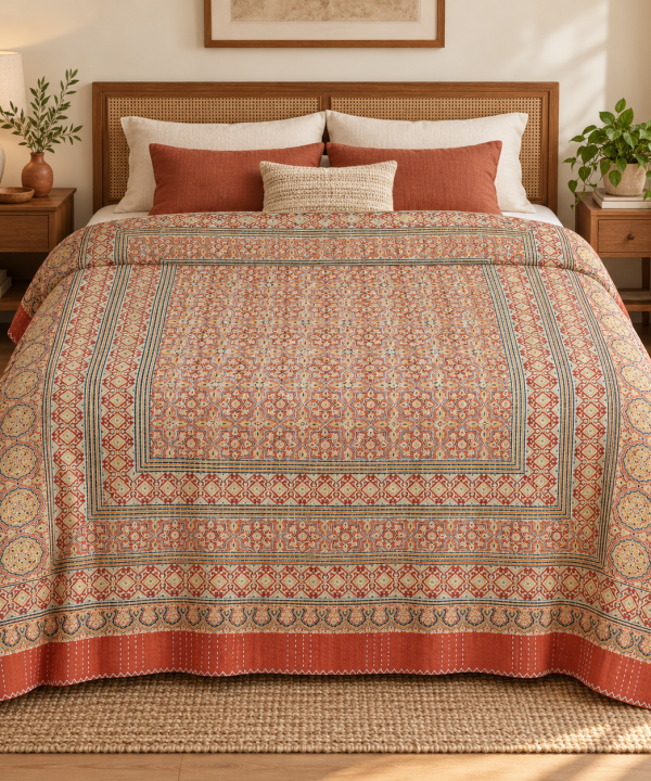 Peach Coral and Sage Geometric Ajrak Hand Block Kantha Quilt – Single or Double