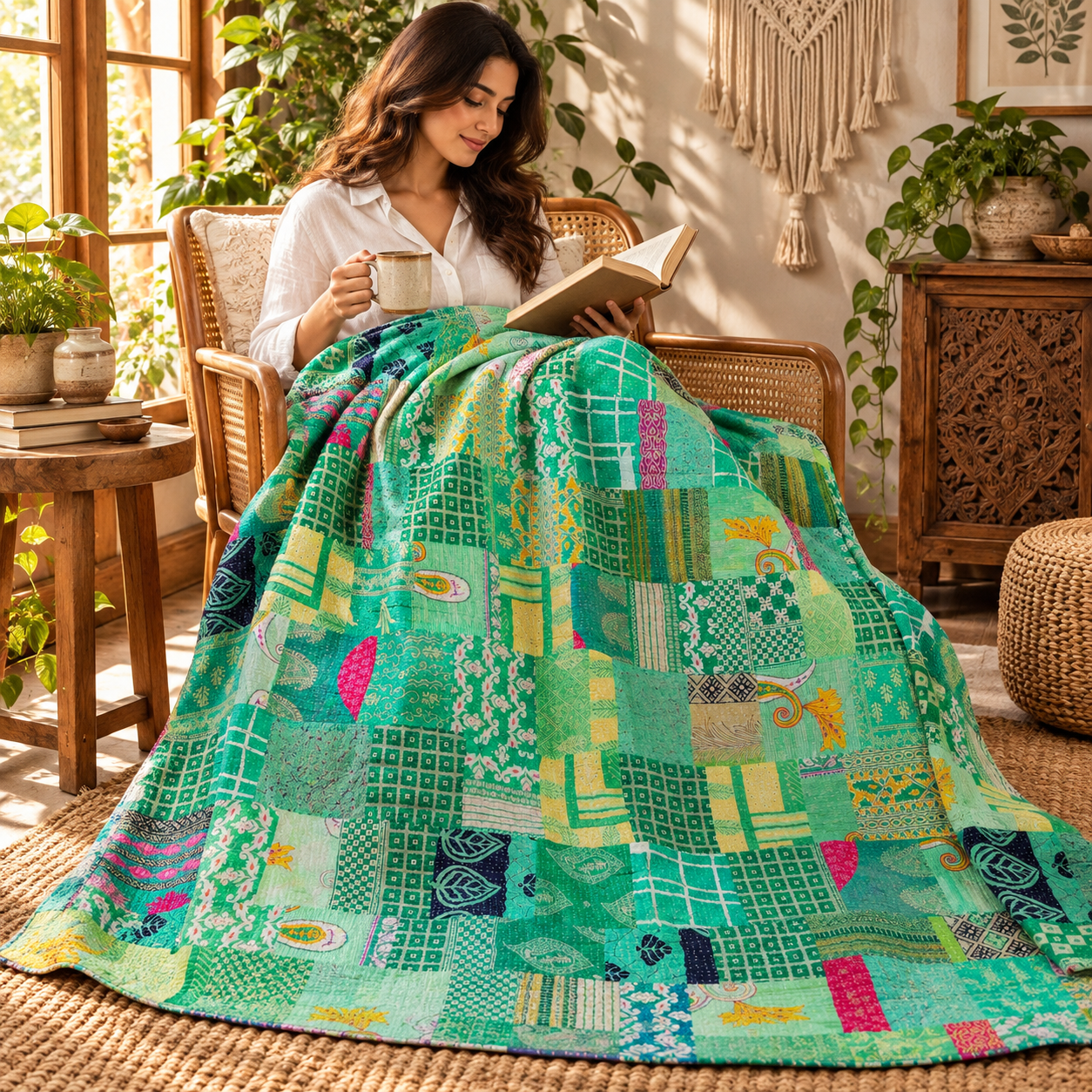 Assorted Green Patchwork Kantha Quilt 60x90 – Handmade Cotton Bedspread - Image 3