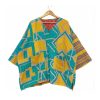 Teal and Mustard Geometric Reversible Kantha Top – Handmade Vintage Cotton Sari Boho Top, Free Size - Image 2