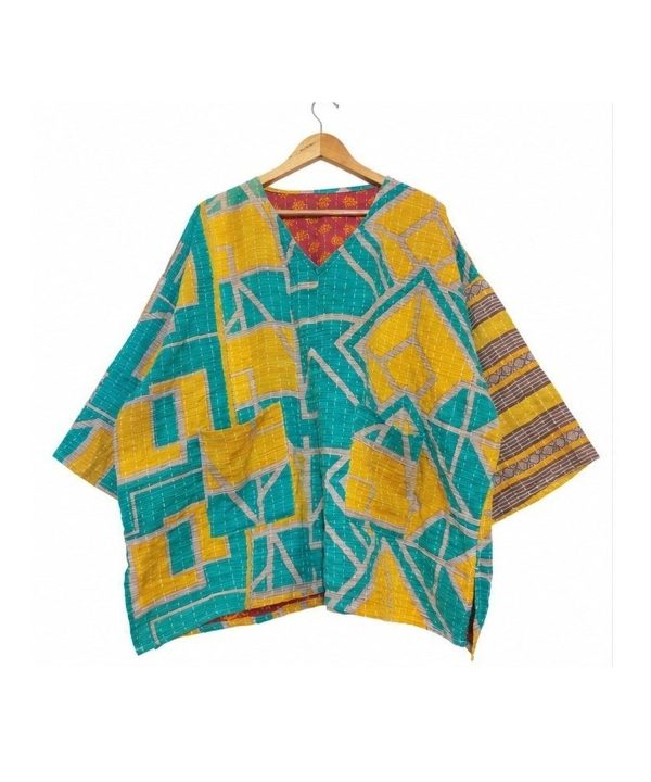 Alternative view of Teal and Mustard Geometric Reversible Kantha Top – Handmade Vintage Cotton Sari Boho Top, Free Size
