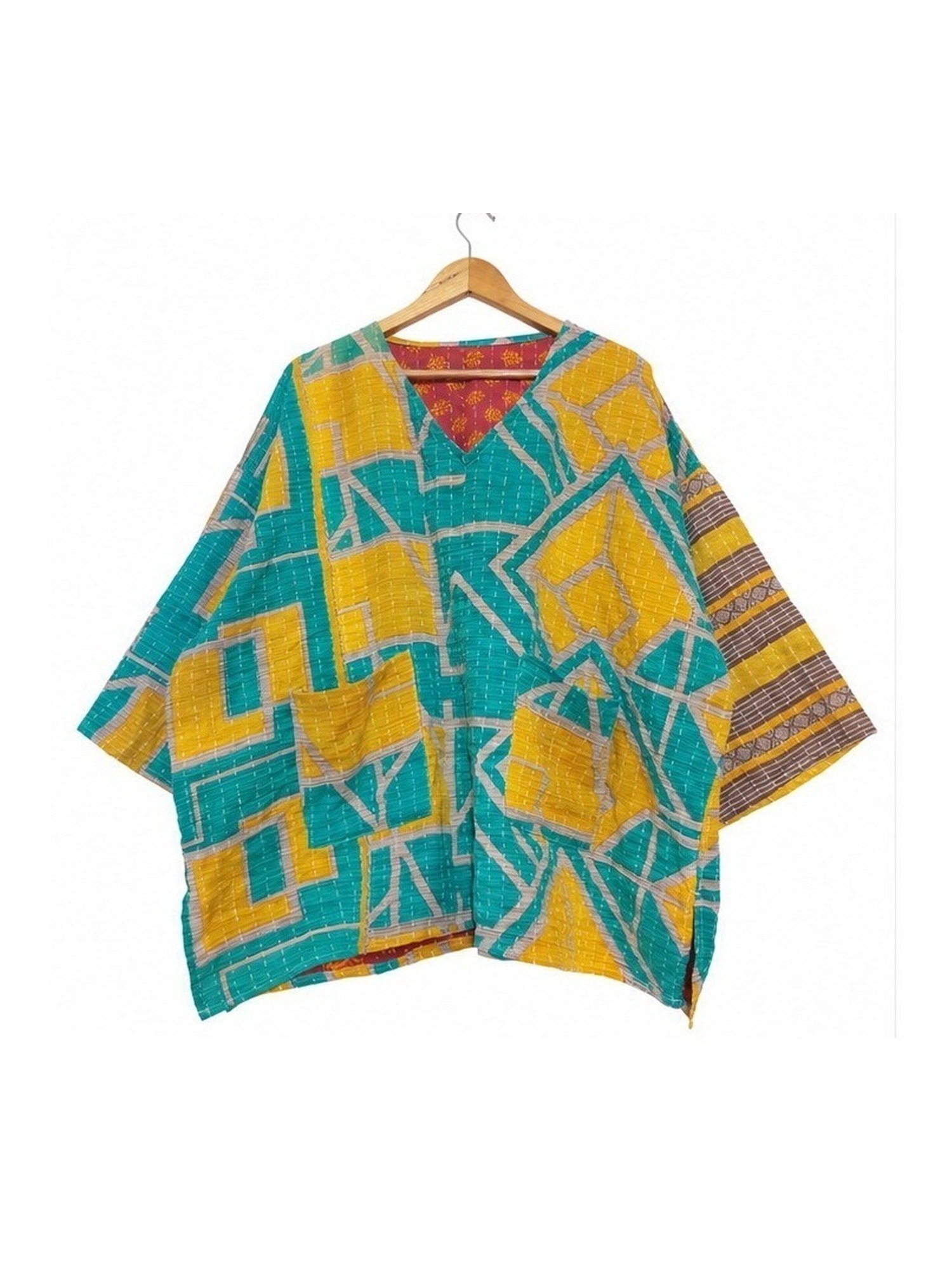 Teal and Mustard Geometric Reversible Kantha Top – Handmade Vintage Cotton Sari Boho Top, Free Size - Image 2