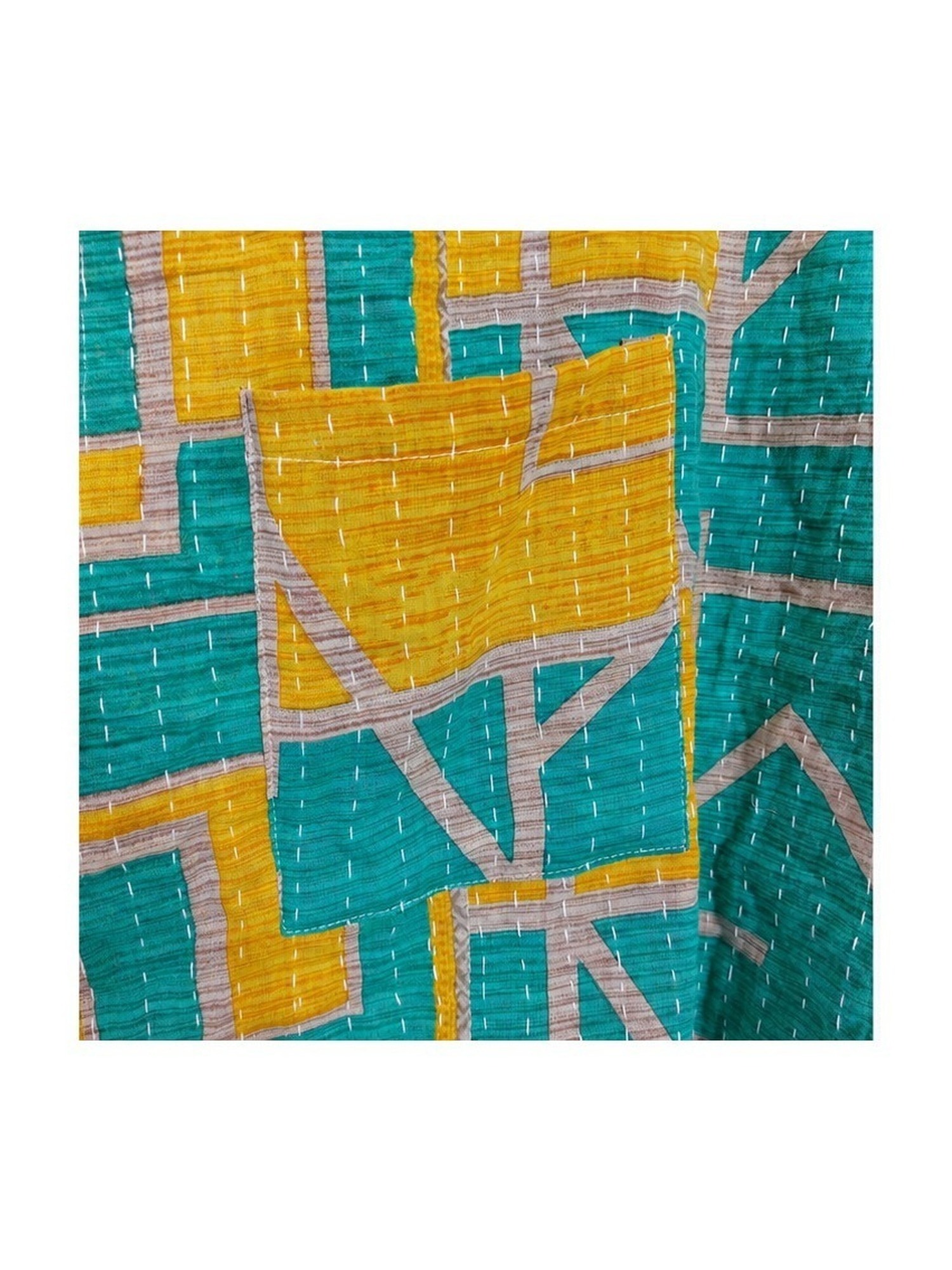 Teal and Mustard Geometric Reversible Kantha Top – Handmade Vintage Cotton Sari Boho Top, Free Size - Image 3