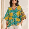 Teal and Mustard Geometric Reversible Kantha Top – Handmade Vintage Cotton Sari Boho Top, Free Size