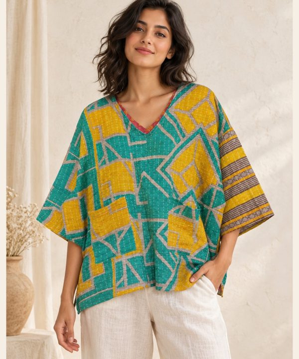 Teal and Mustard Geometric Reversible Kantha Top – Handmade Vintage Cotton Sari Boho Top, Free Size