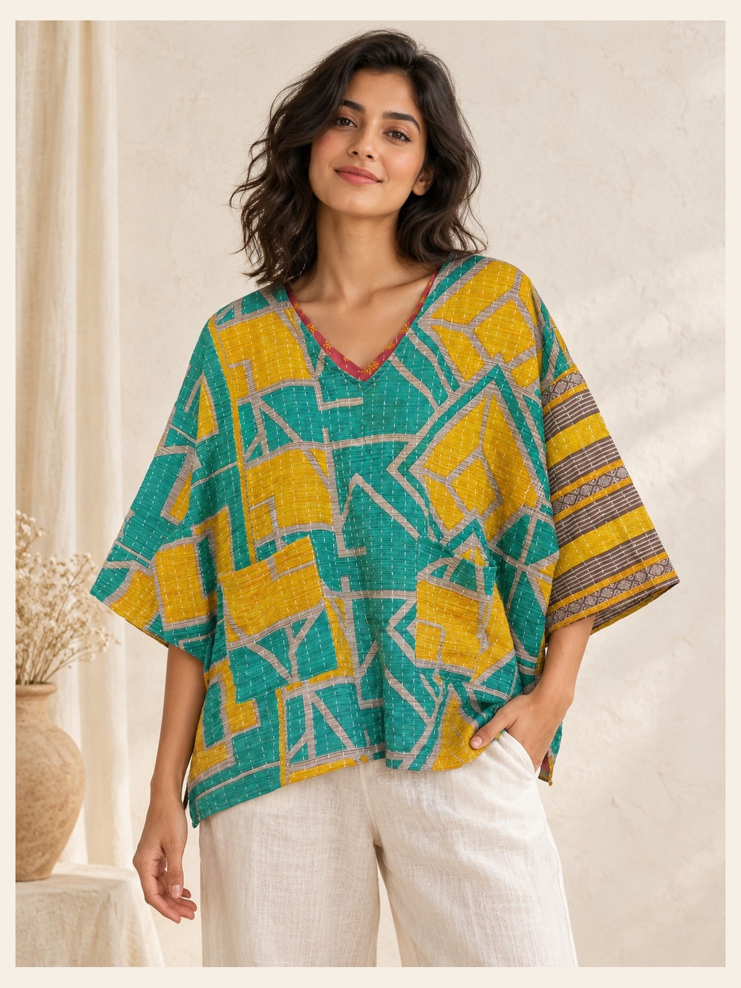 Teal and Mustard Geometric Reversible Kantha Top – Handmade Vintage Cotton Sari Boho Top, Free Size