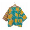 Teal and Mustard Geometric Reversible Kantha Top – Handmade Vintage Cotton Sari Boho Top, Free Size - Image 4